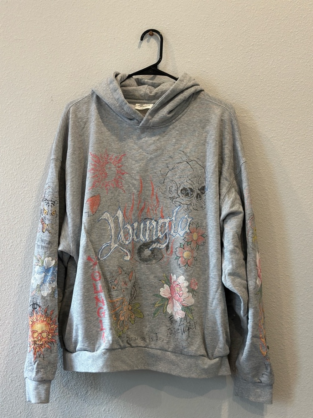 SOLD | YoungLa Graphic Grey Hoodie with Floral & Skull Artwork